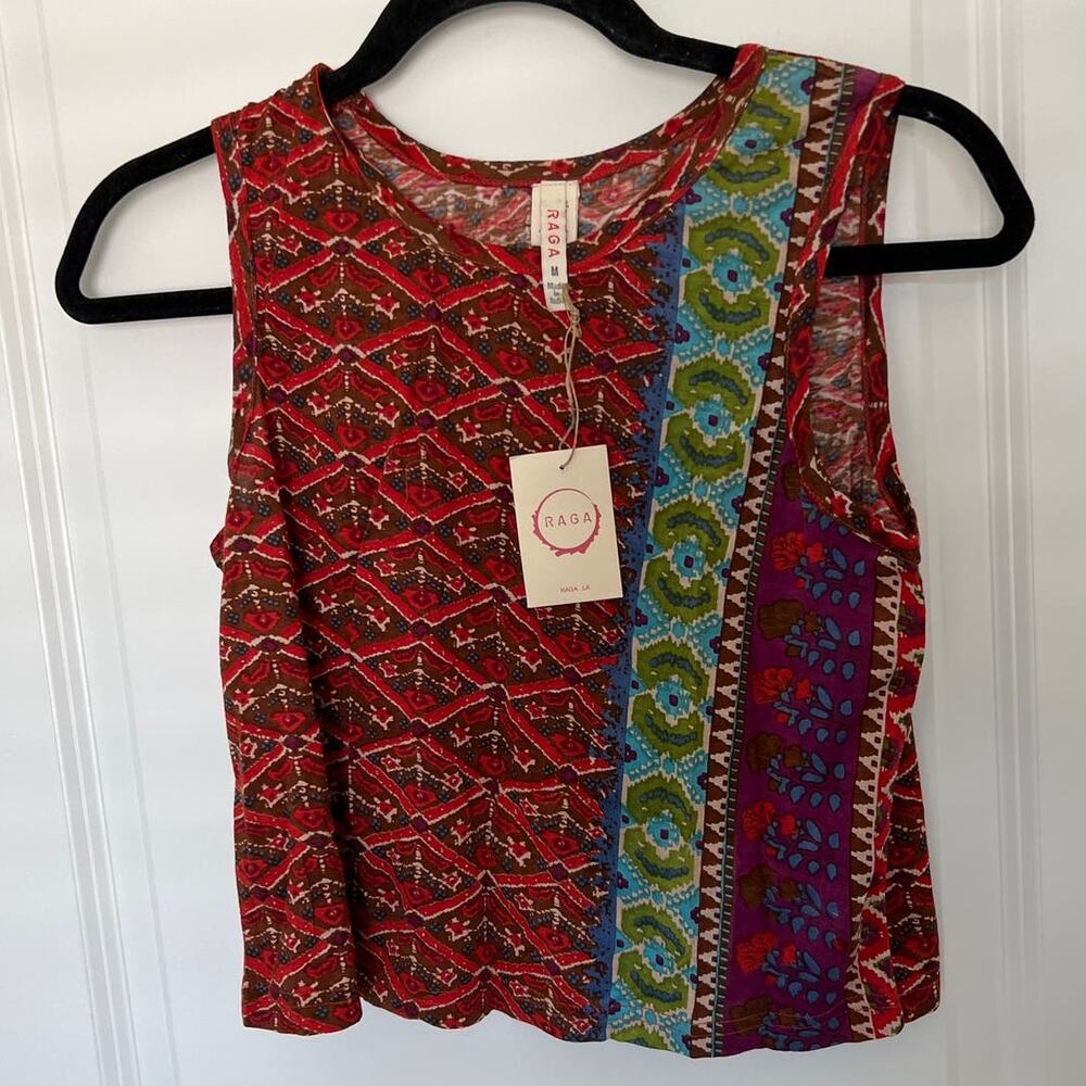 NWT RAGA LA Printed Sleeveless Crew Neck Crop Blouse Top Red Women's Size Medium